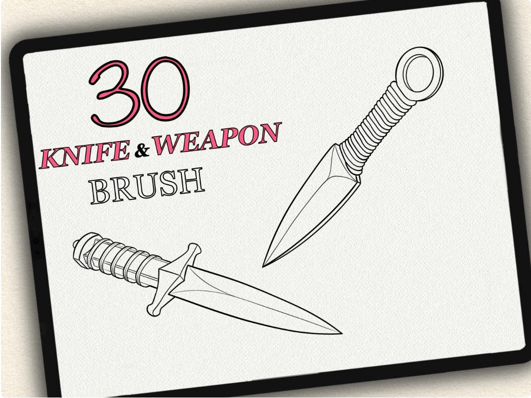30 Knife & Weapon Tattoo Brushes – Stamp Set for Procreate, Photoshop & CSP | Collection 2023