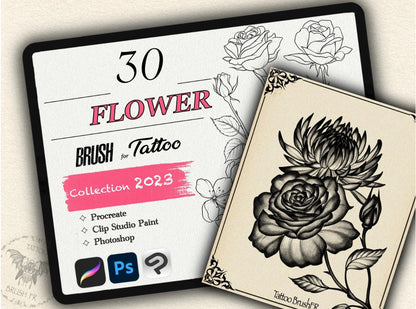 30 Flower Tattoo Brushes – Stamp Set for Procreate, Photoshop & CSP | Collection 2023