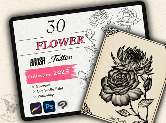 30 Flower Tattoo Brushes – Stamp Set for Procreate, Photoshop & CSP | Collection 2023