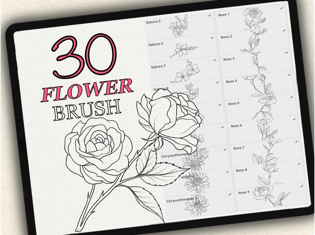 30 Flower Tattoo Brushes – Stamp Set for Procreate, Photoshop & CSP | Collection 2023
