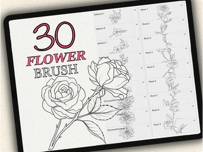 30 Flower Tattoo Brushes – Stamp Set for Procreate, Photoshop & CSP | Collection 2023