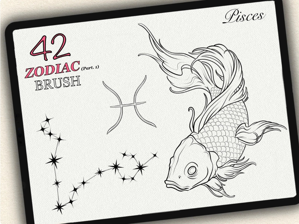 42 Zodiac Tattoo Brushes – Stamp Set  – Part 1 –  for Procreate, Photoshop & CSP | Collection 2023