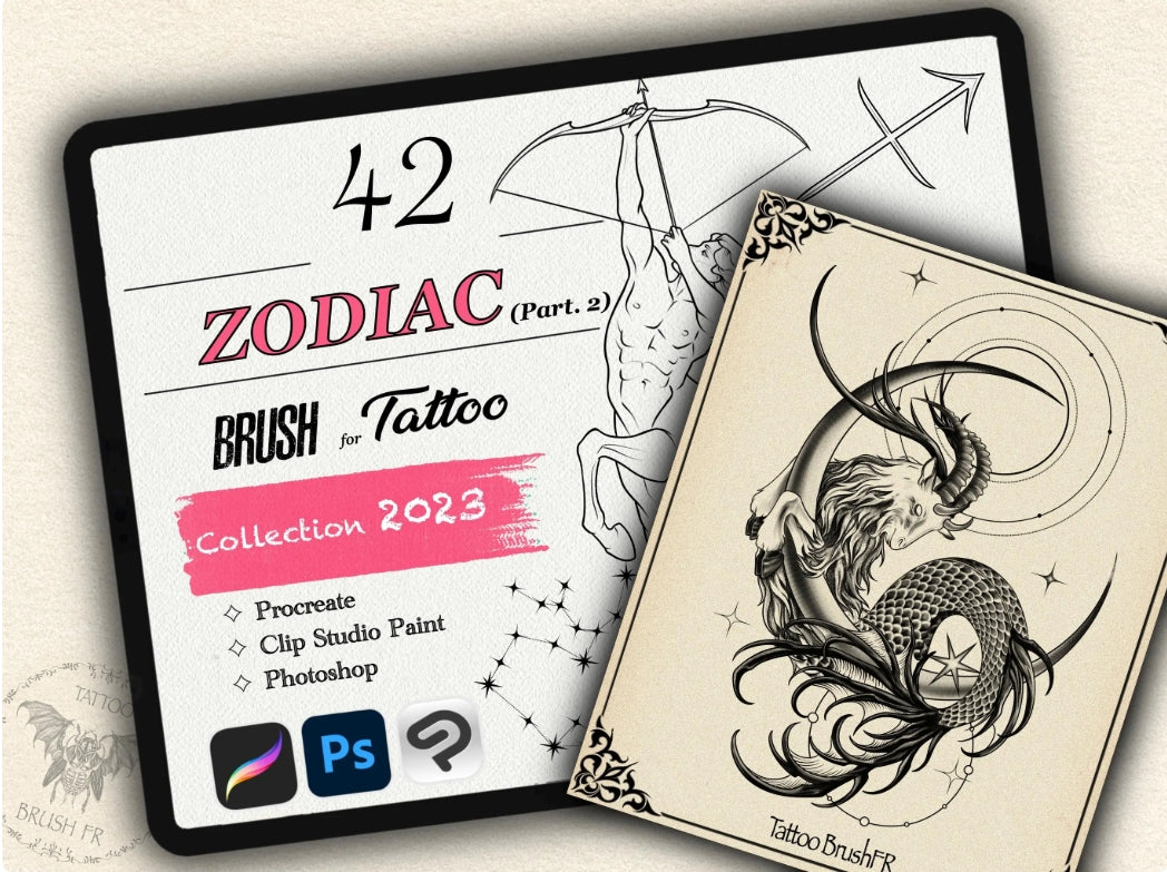 42 Zodiac Tattoo Brushes – Stamp Set  – Part 2 –  for Procreate, Photoshop & CSP | Collection 2023