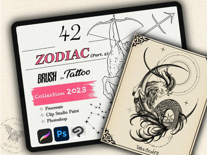 42 Zodiac Tattoo Brushes – Stamp Set  – Part 2 –  for Procreate, Photoshop & CSP | Collection 2023
