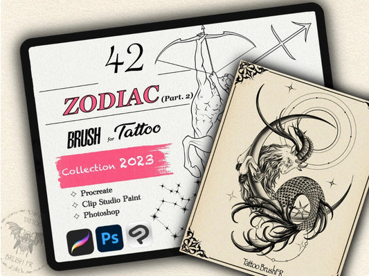 42 Zodiac Tattoo Brushes – Stamp Set  – Part 2 –  for Procreate, Photoshop & CSP | Collection 2023