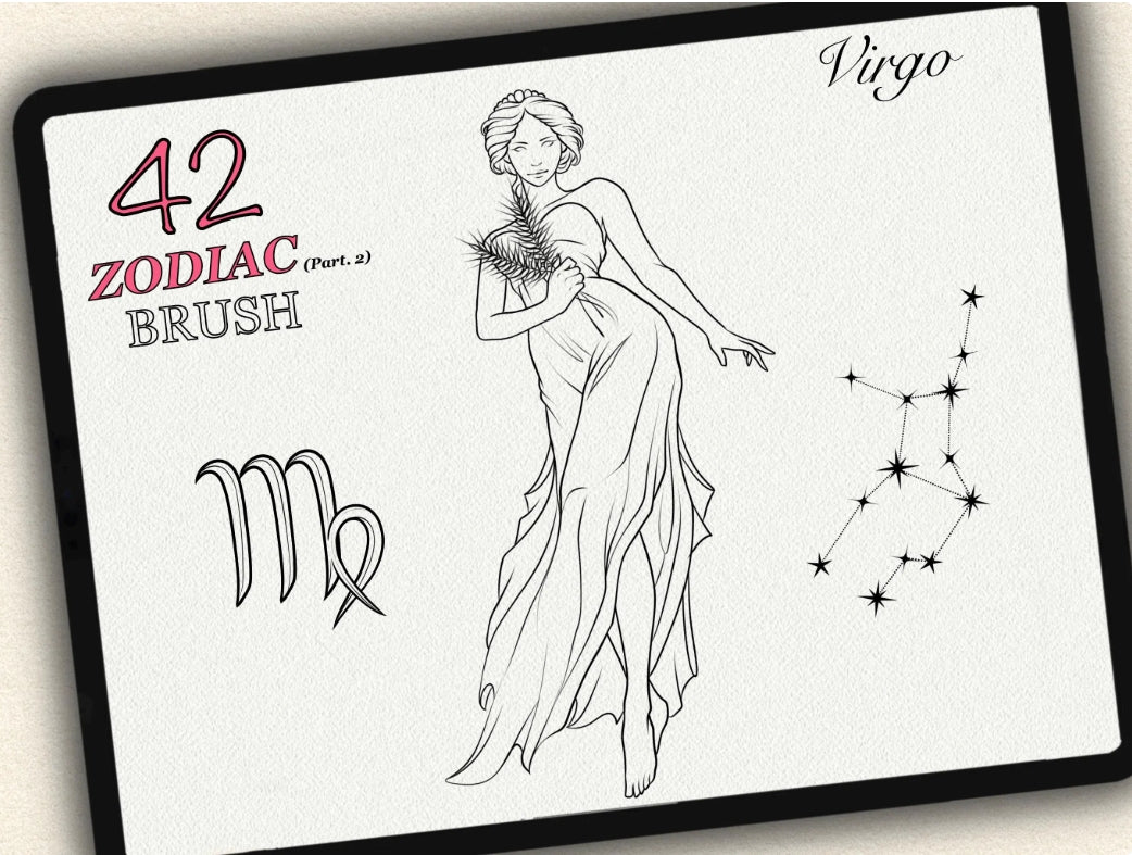 42 Zodiac Tattoo Brushes – Stamp Set  – Part 2 –  for Procreate, Photoshop & CSP | Collection 2023