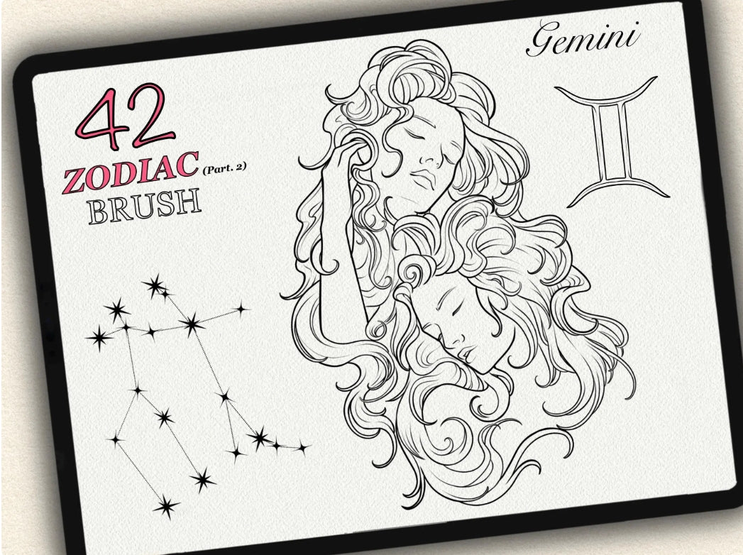 42 Zodiac Tattoo Brushes – Stamp Set  – Part 2 –  for Procreate, Photoshop & CSP | Collection 2023