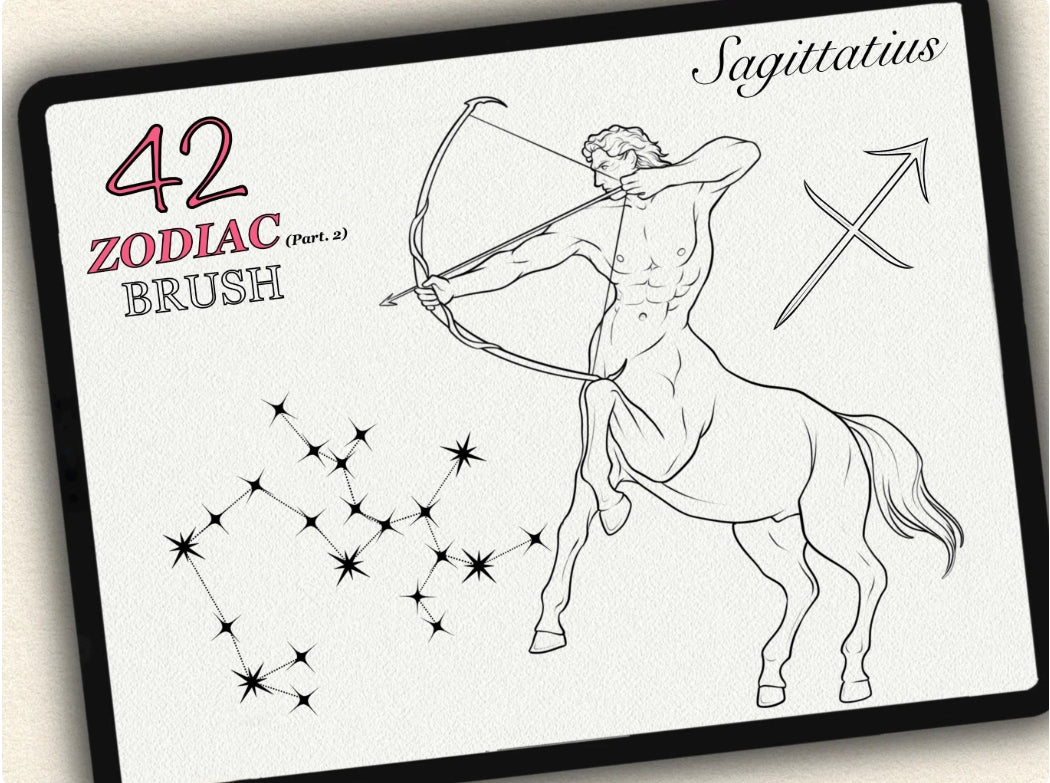 42 Zodiac Tattoo Brushes – Stamp Set  – Part 2 –  for Procreate, Photoshop & CSP | Collection 2023