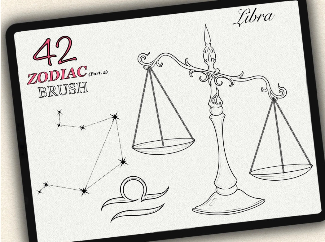 42 Zodiac Tattoo Brushes – Stamp Set  – Part 2 –  for Procreate, Photoshop & CSP | Collection 2023