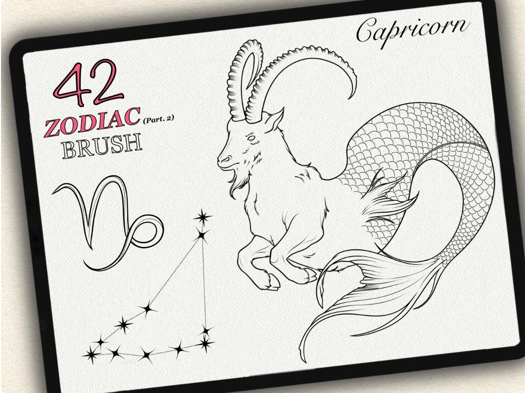 42 Zodiac Tattoo Brushes – Stamp Set  – Part 2 –  for Procreate, Photoshop & CSP | Collection 2023