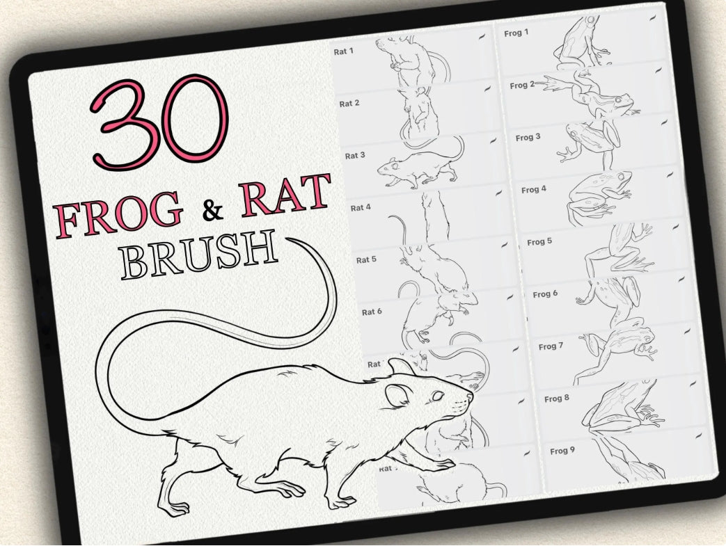 30 Frog & Rat Tattoo Brushes – Stamp Set for Procreate, Photoshop & CSP | Collection 2023