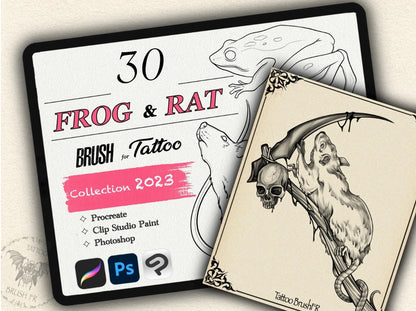 30 Frog & Rat Tattoo Brushes – Stamp Set for Procreate, Photoshop & CSP | Collection 2023