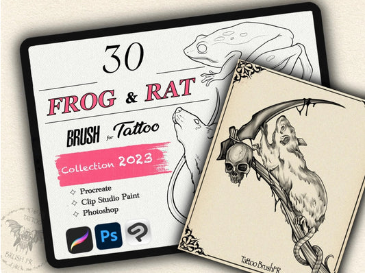 30 Frog & Rat Tattoo Brushes – Stamp Set for Procreate, Photoshop & CSP | Collection 2023