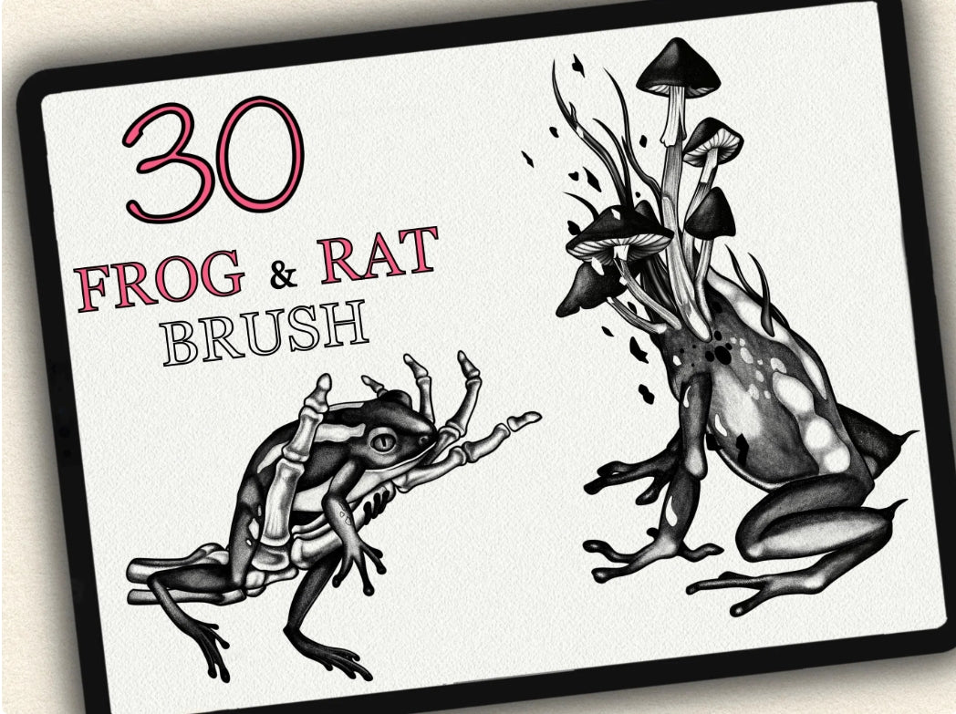 30 Frog & Rat Tattoo Brushes – Stamp Set for Procreate, Photoshop & CSP | Collection 2023