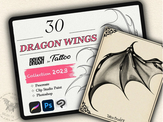 30 Dragons Wings Tattoo Brushes – Stamp Set for Procreate, Photoshop & CSP | Collection 2023