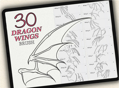 30 Dragons Wings Tattoo Brushes – Stamp Set for Procreate, Photoshop & CSP | Collection 2023
