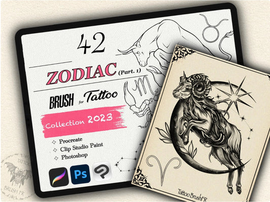 42 Zodiac Tattoo Brushes – Stamp Set  – Part 1 –  for Procreate, Photoshop & CSP | Collection 2023