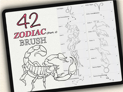 42 Zodiac Tattoo Brushes – Stamp Set  – Part 1 –  for Procreate, Photoshop & CSP | Collection 2023