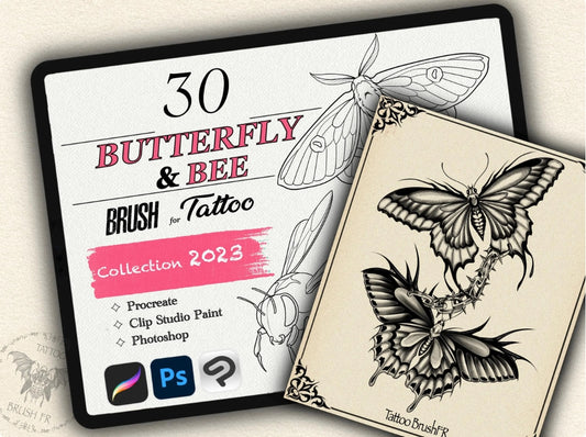 30 Butterfly & Bee Tattoo Brushes – Stamp Set for Procreate, Photoshop & CSP | Collection 2023