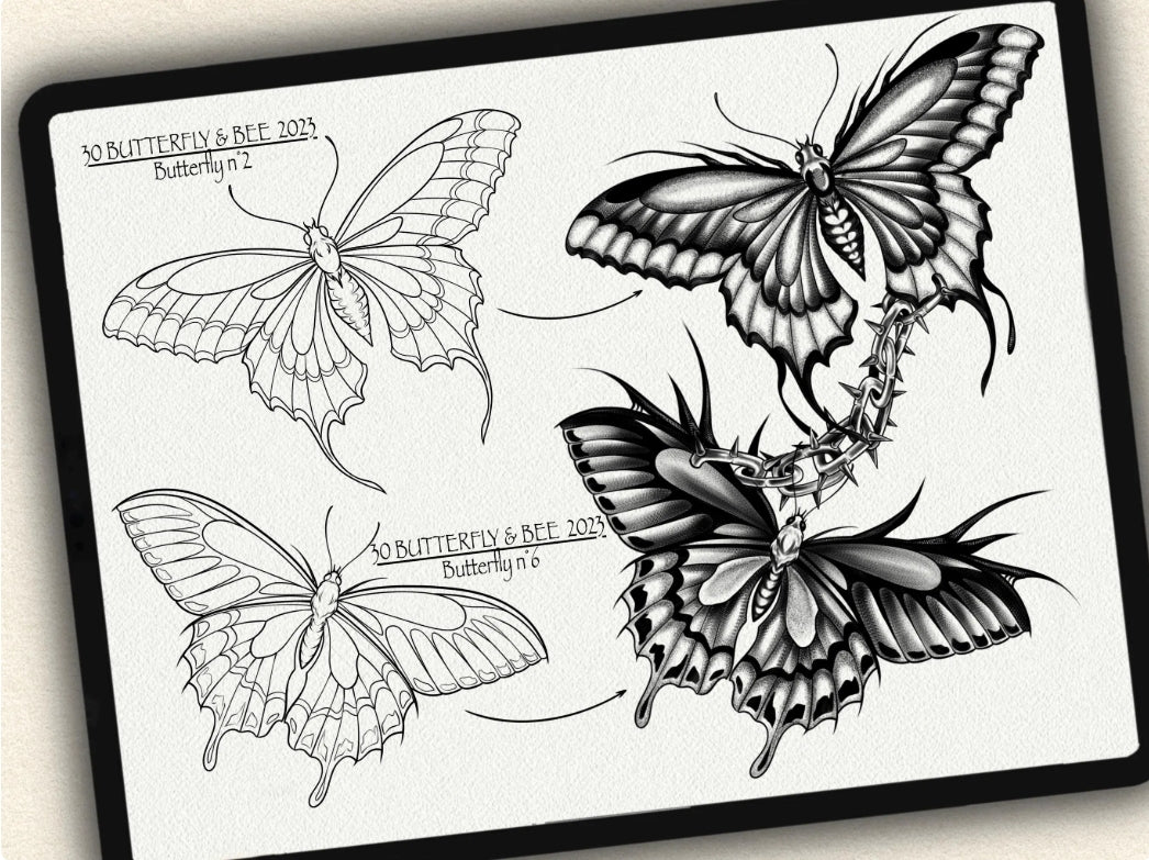 30 Butterfly & Bee Tattoo Brushes – Stamp Set for Procreate, Photoshop & CSP | Collection 2023