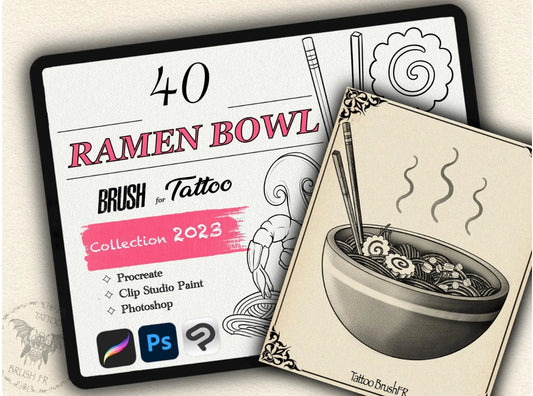 40 Ramen Bowl Tattoo Brushes – Stamp Set for Procreate, Photoshop & CSP | Collection 2023