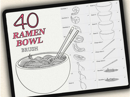 40 Ramen Bowl Tattoo Brushes – Stamp Set for Procreate, Photoshop & CSP | Collection 2023