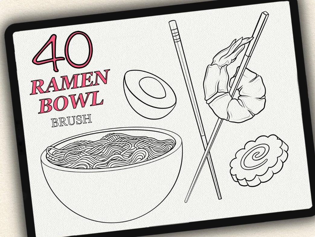 40 Ramen Bowl Tattoo Brushes – Stamp Set for Procreate, Photoshop & CSP | Collection 2023