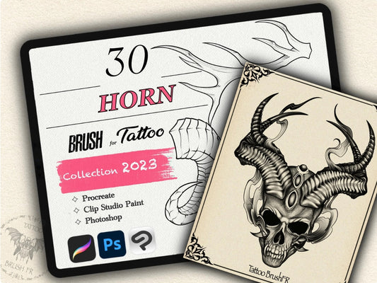 30 Horns Tattoo Brushes – Stamp Set for Procreate, Photoshop & CSP | Collection 2023