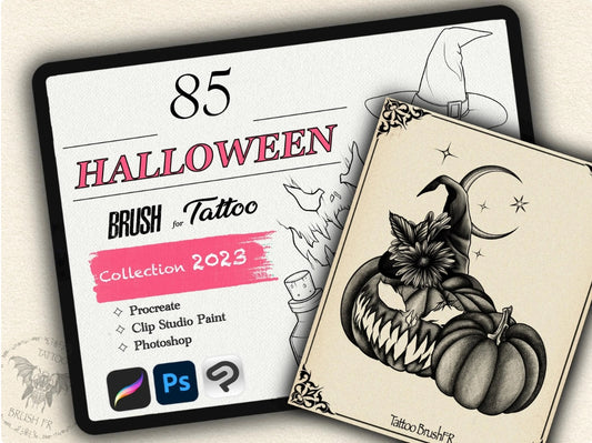 85 Halloween Tattoo Brushes – Stamp Set for Procreate, Photoshop & CSP | Collection 2023