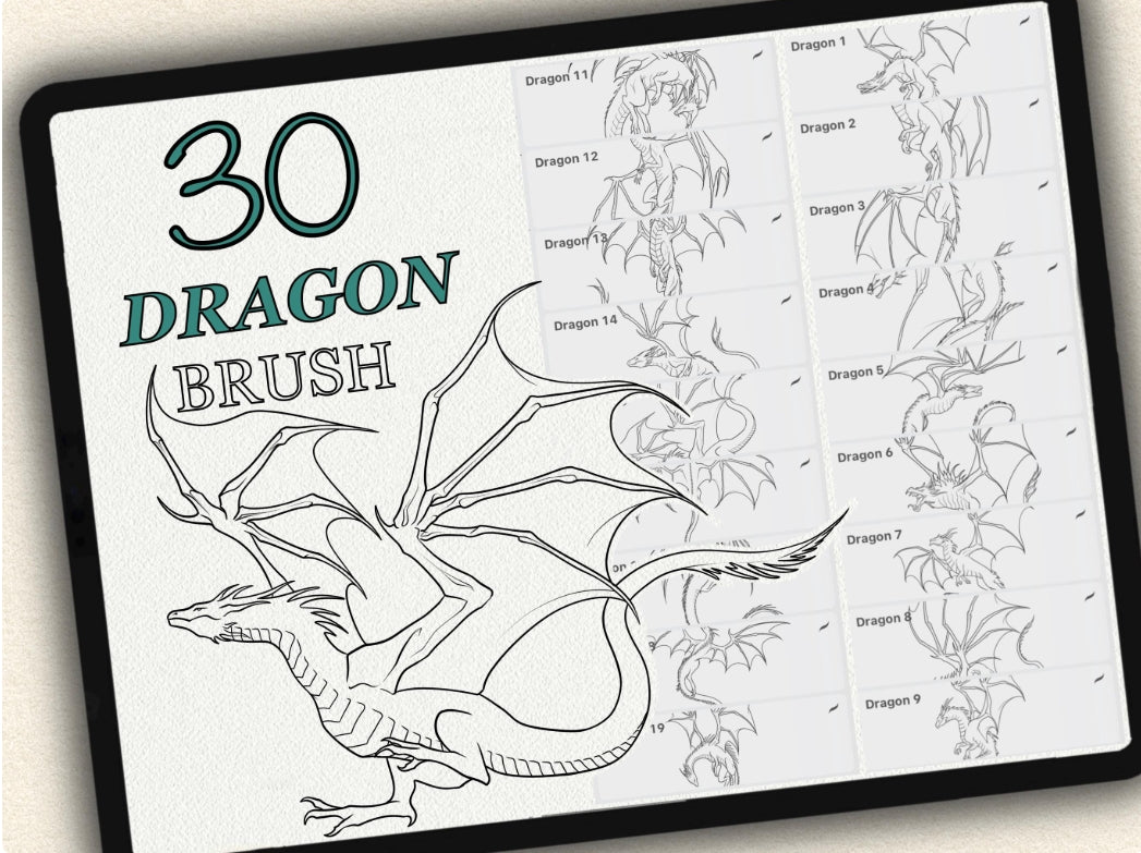 30 Dragon Tattoo Brushes – Stamp Set for Procreate, Photoshop & CSP | Collection 2024