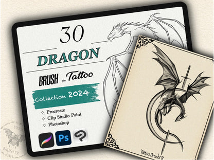 30 Dragon Tattoo Brushes – Stamp Set for Procreate, Photoshop & CSP | Collection 2024
