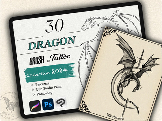 30 Dragon Tattoo Brushes – Stamp Set for Procreate, Photoshop & CSP | Collection 2024
