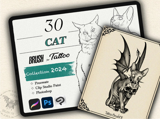 30 Cat Tattoo Brushes – Stamp Set for Procreate, Photoshop & CSP | Collection 2024
