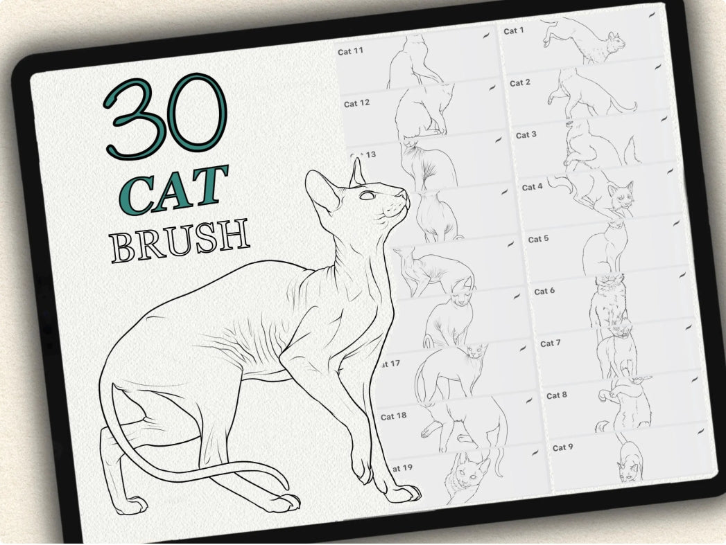 30 Cat Tattoo Brushes – Stamp Set for Procreate, Photoshop & CSP | Collection 2024