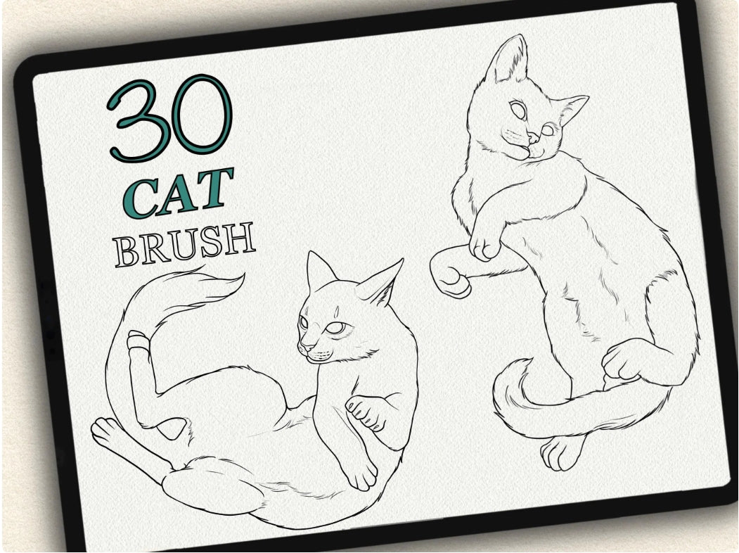 30 Cat Tattoo Brushes – Stamp Set for Procreate, Photoshop & CSP | Collection 2024