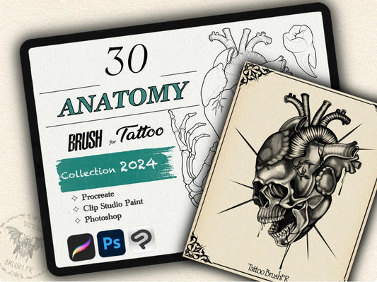 30 Anatomy Tattoo Brushes – Stamp Set for Procreate, Photoshop & CSP | Collection 2024