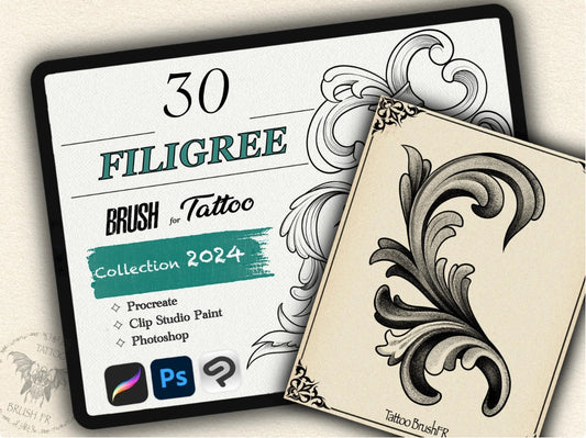 30 Filigree Tattoo Brushes – Stamp Set for Procreate, Photoshop & CSP | Collection 2024