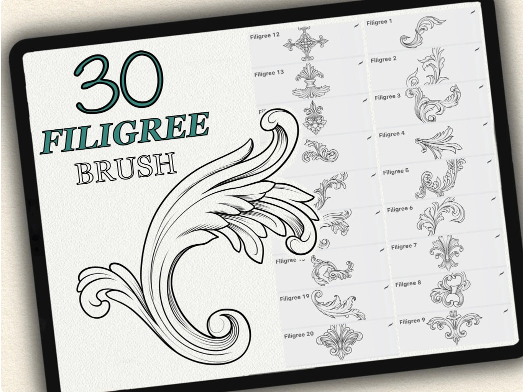 30 Filigree Tattoo Brushes – Stamp Set for Procreate, Photoshop & CSP | Collection 2024