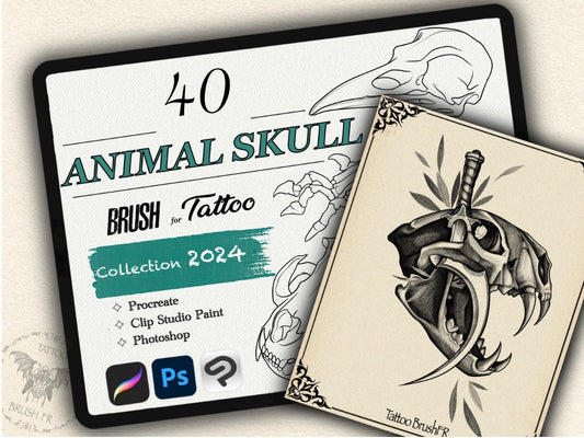 40 Animal Skull Tattoo Brushes – Stamp Set for Procreate, Photoshop & CSP | Collection 2024