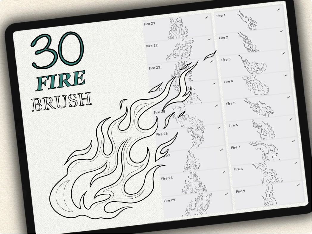 30 Fire Tattoo Brushes – Stamp Set for Procreate, Photoshop & CSP | Collection 2024