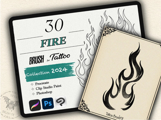 30 Fire Tattoo Brushes – Stamp Set for Procreate, Photoshop & CSP | Collection 2024