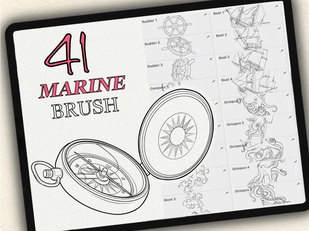 41 Marine Tattoo Brushes – Stamp Set for Procreate, Photoshop & CSP | Collection 2023