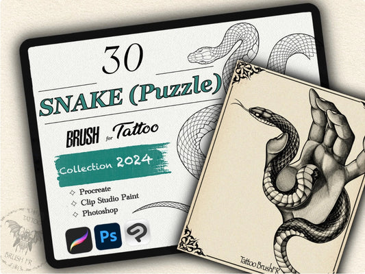 30 Snake (Puzzle) Tattoo Brushes – Stamp Set for Procreate, Photoshop & CSP | Collection 2024