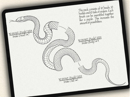 30 Snake (Puzzle) Tattoo Brushes – Stamp Set for Procreate, Photoshop & CSP | Collection 2024
