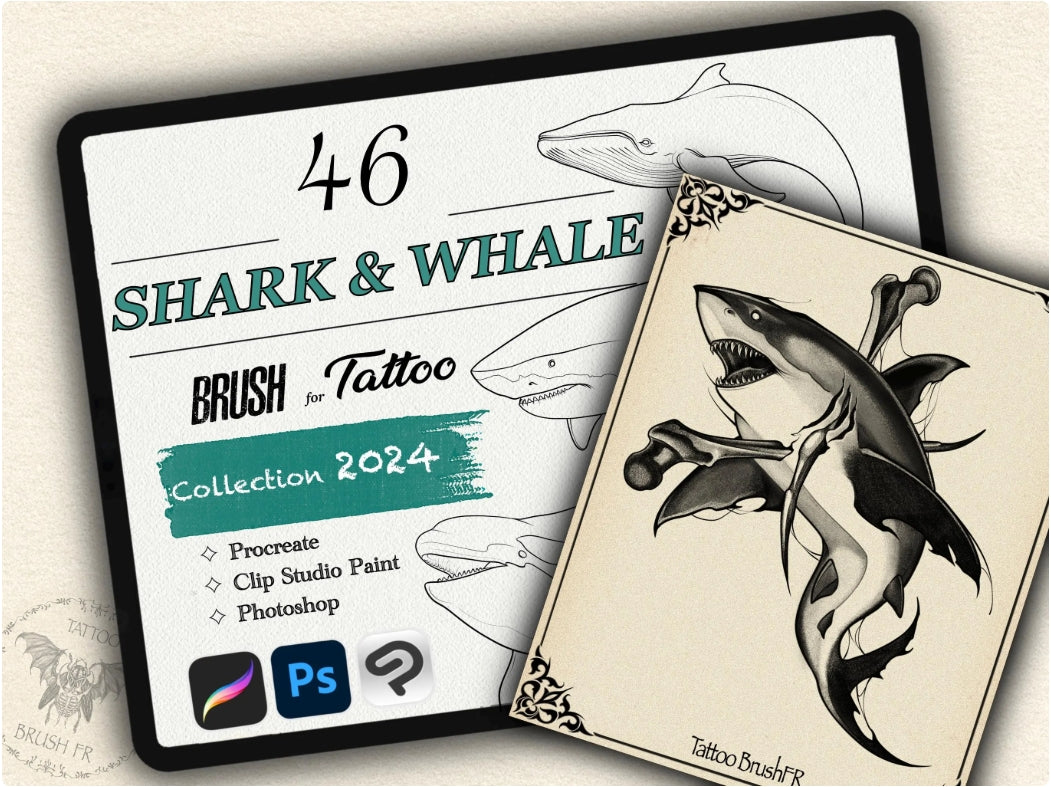 46 Shark & Whale  Tattoo Brushes – Stamp Set for Procreate, Photoshop & CSP | Collection 2024