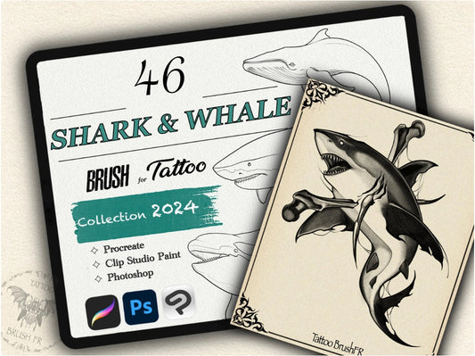 46 Shark & Whale  Tattoo Brushes – Stamp Set for Procreate, Photoshop & CSP | Collection 2024