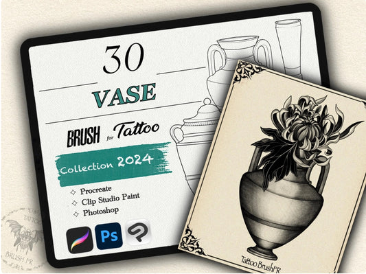 30 Vase Tattoo Brushes – Stamp Set for Procreate, Photoshop & CSP | Collection 2024