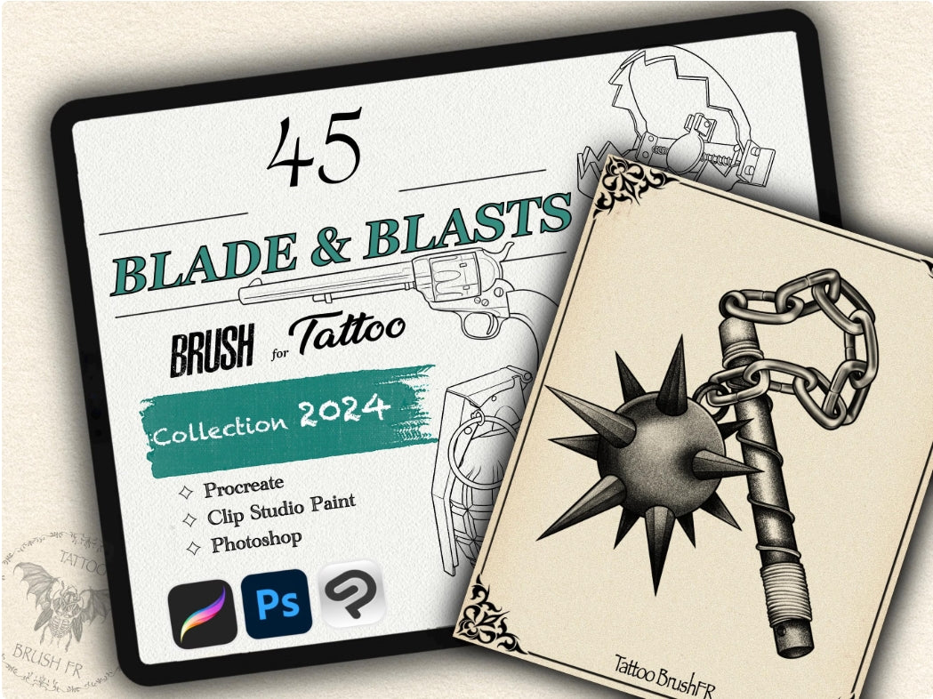 45 Blade & Blasts Tattoo Brushes – Stamp Set for Procreate, Photoshop & CSP | Collection 2024