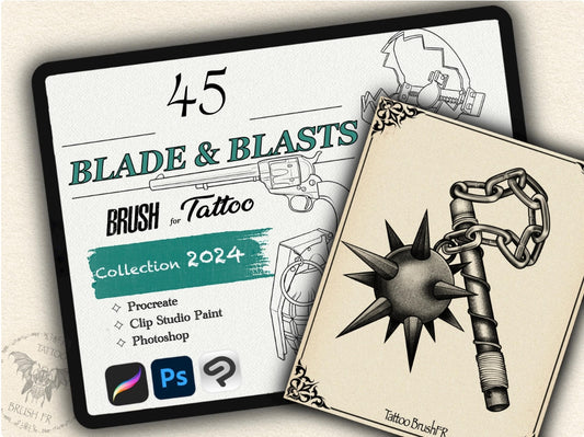 45 Blade & Blasts Tattoo Brushes – Stamp Set for Procreate, Photoshop & CSP | Collection 2024