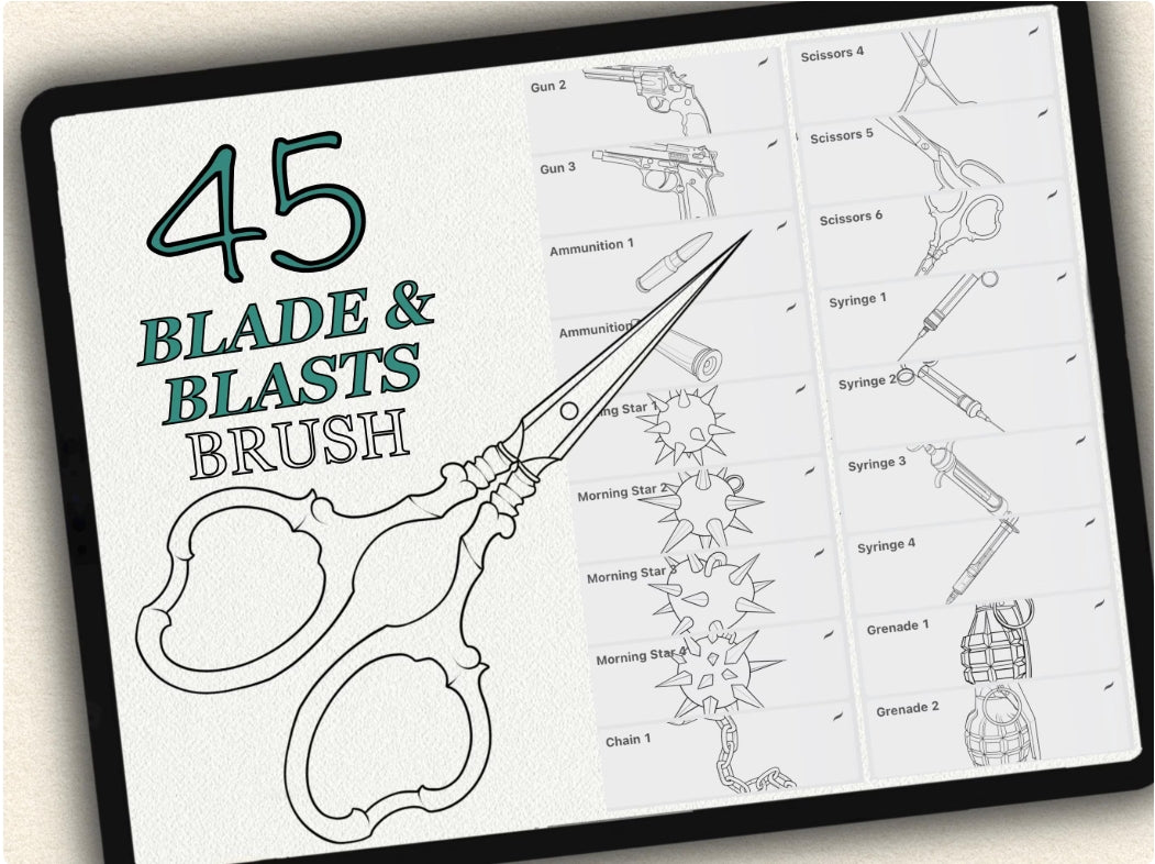 45 Blade & Blasts Tattoo Brushes – Stamp Set for Procreate, Photoshop & CSP | Collection 2024